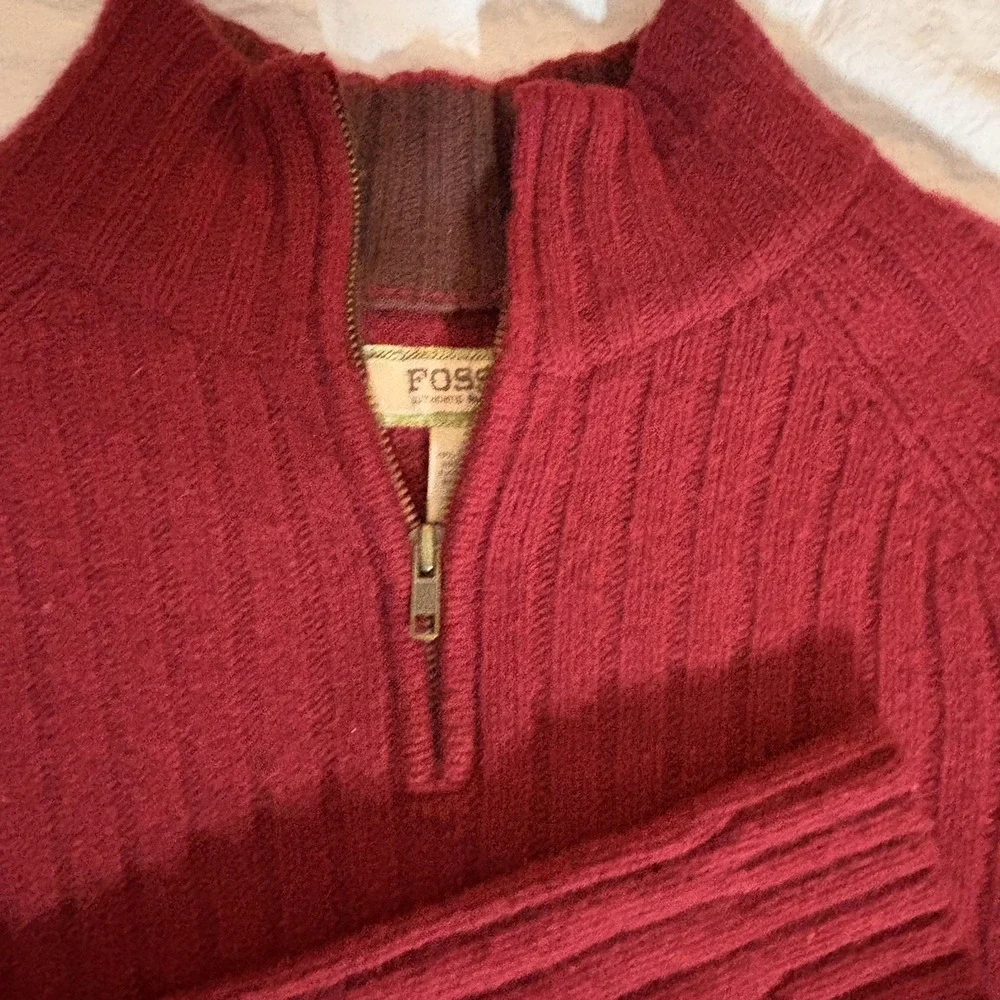 VTG‎ Fossil 1/4 zip ribbed pullover Ribbed Elbow Patch Wool Blend Mens Sz L Red